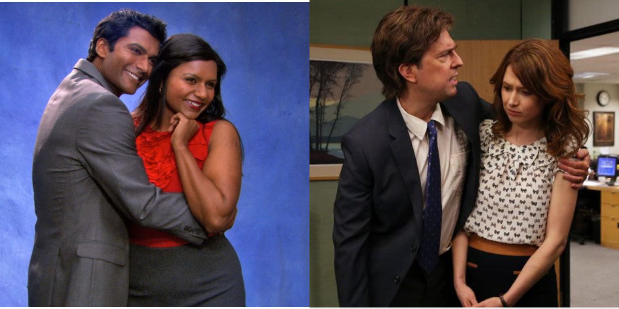 A split image of Ravi and Kelly and Andy and Erin in The Office