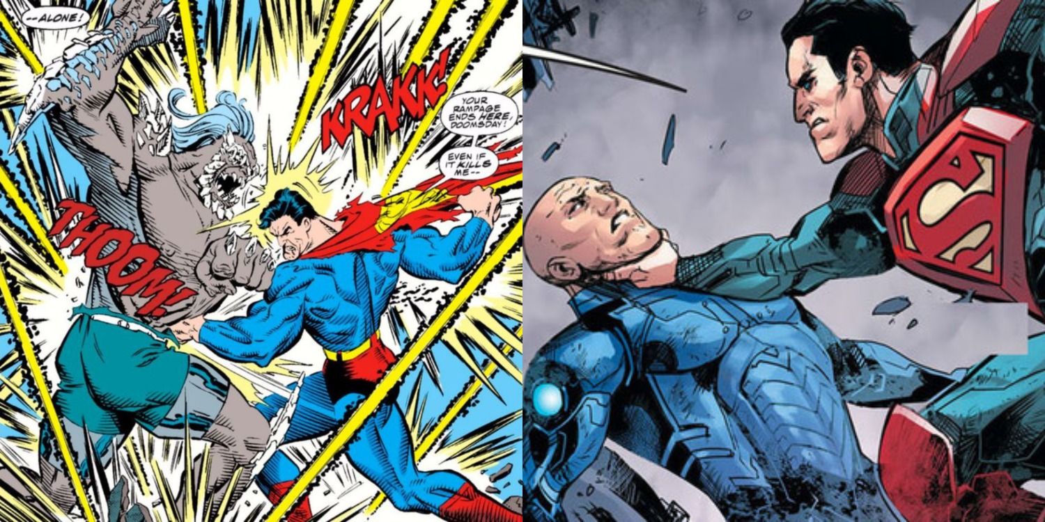 A split image of Superman fighting Doomsday and him fighting Lex Luthor