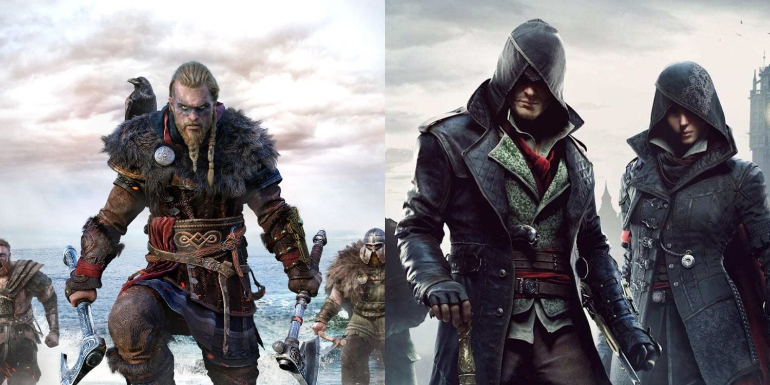 A split image of the assassins in Assassin's Creed Valhalla and Assassin's Creed Syndicate