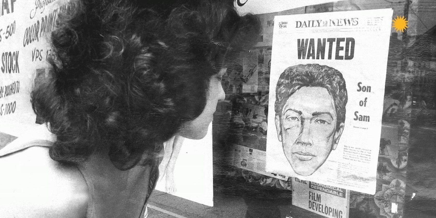 A woman stares at a newspaper with Son of Sam's police sketch on the cover page