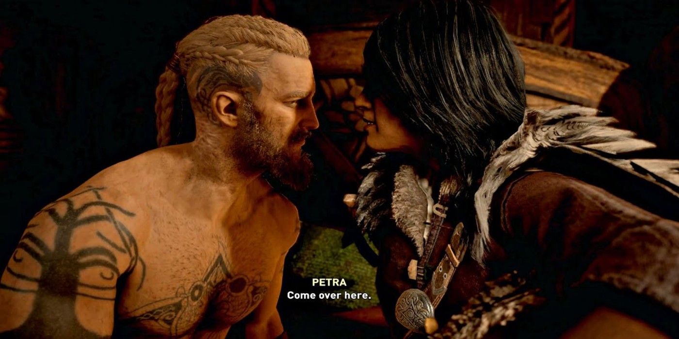 Male Eivor and Petra looking eachother deep in the eyes during their romance scene in AC Valhalla.