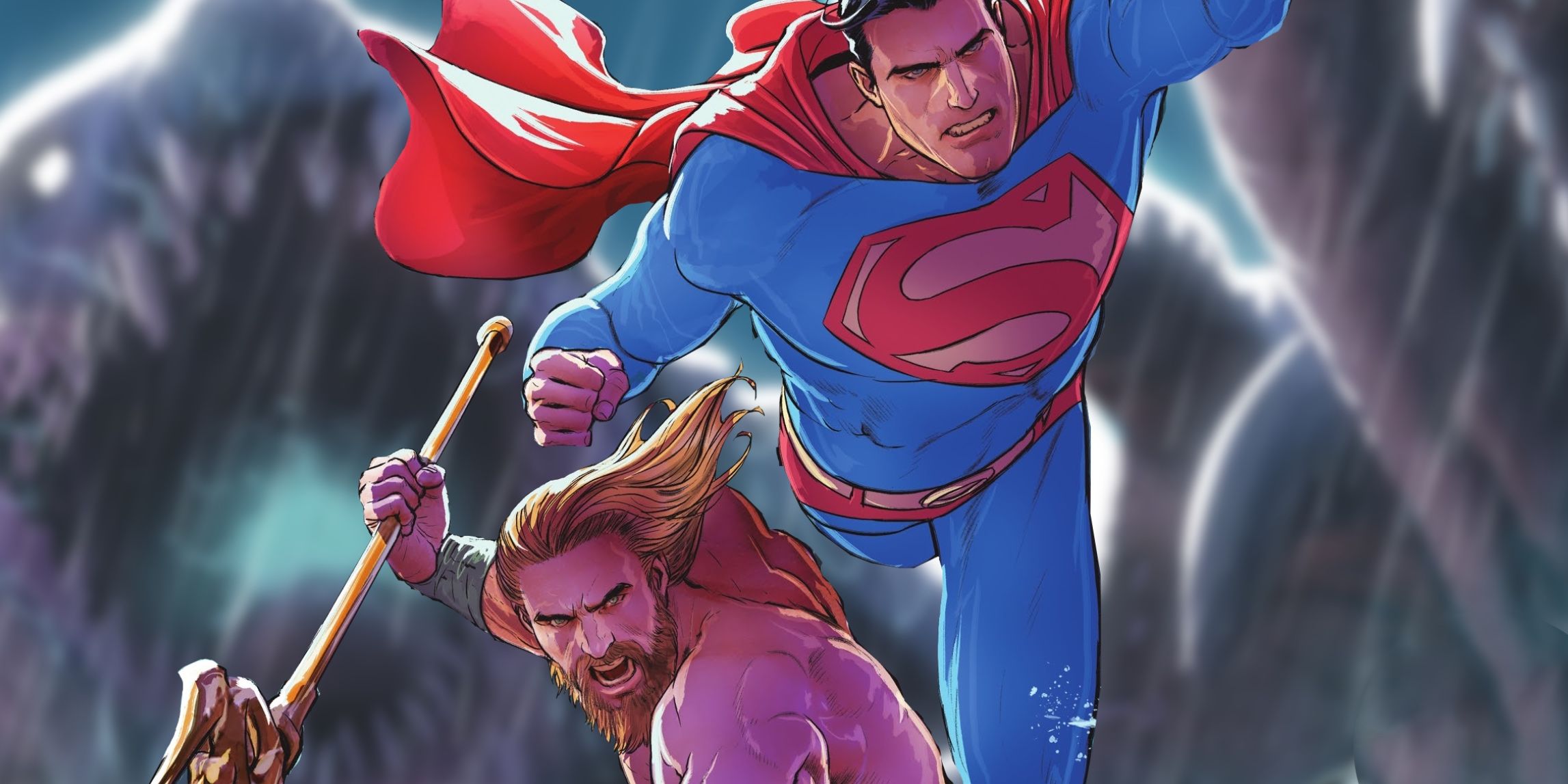 Superman and Aquaman fight together as a monster chases them