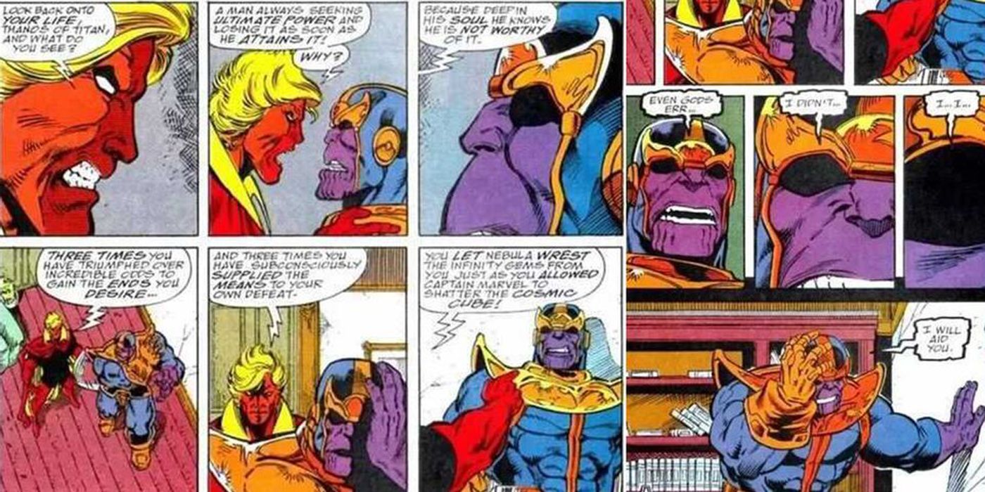 Adam Warlock yelling at Thanos in the comics.