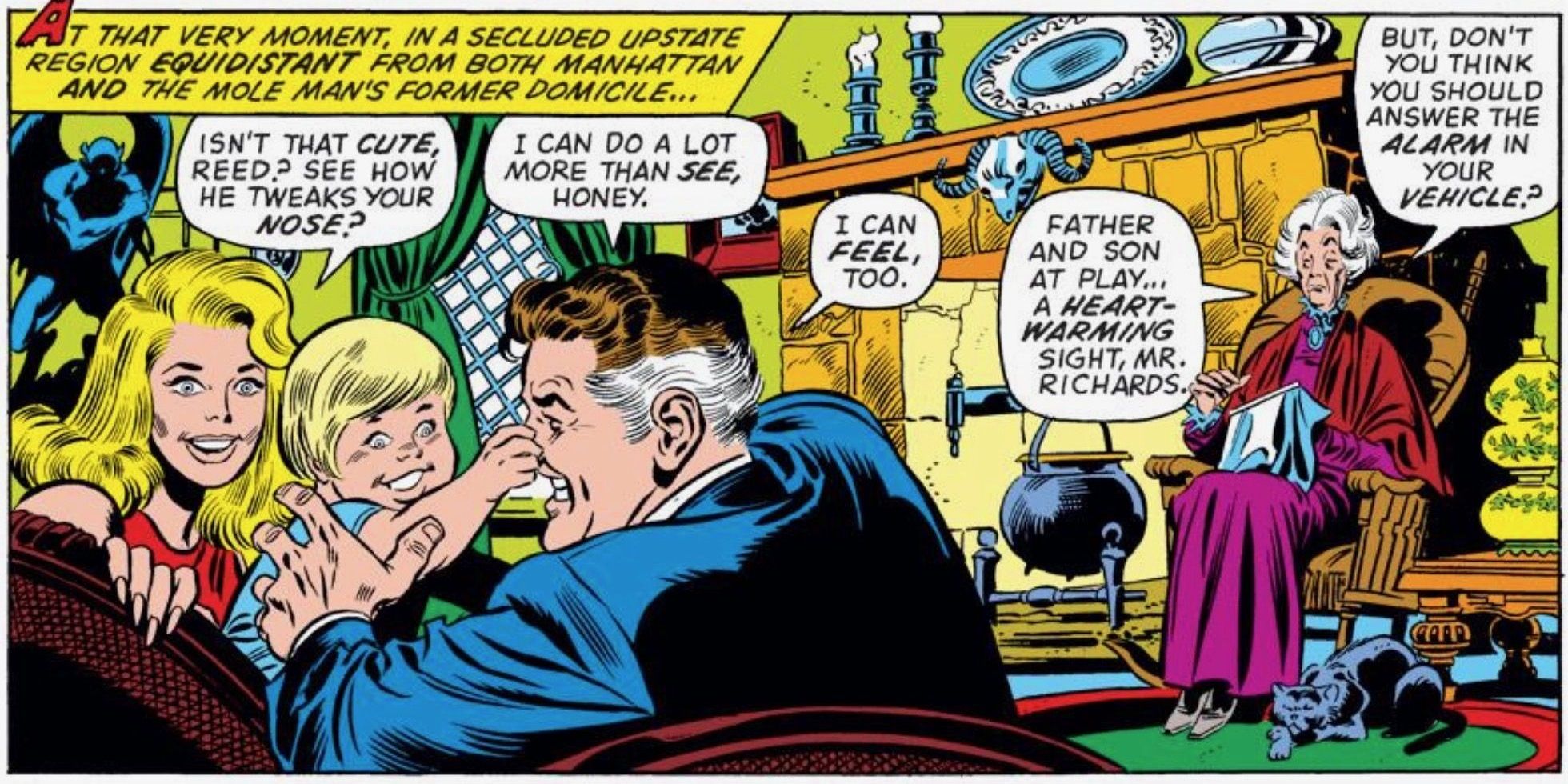 Agatha Harkness with Reed and Sue in Fantastic Four comics.