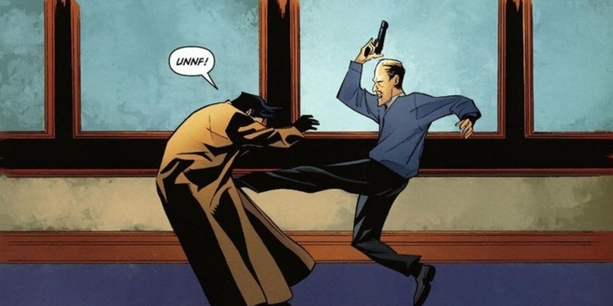 Alfred kicking a man on the stomach.