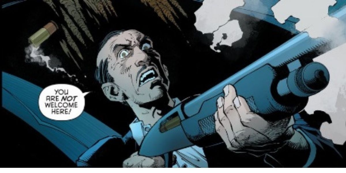 Alfred fires his gun and tells someone they're not welcome.