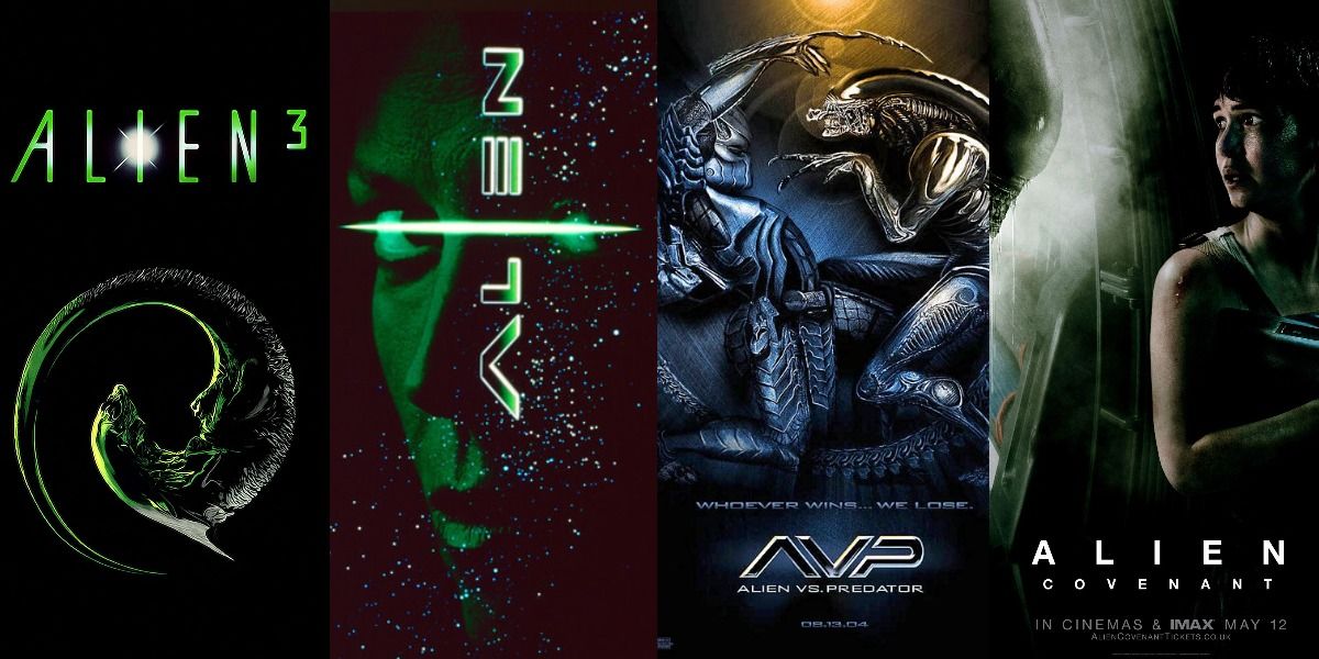 The posters for Alien 3, Alien: Resurrection, Alien Vs Predator, and Alien: Covenant. 
