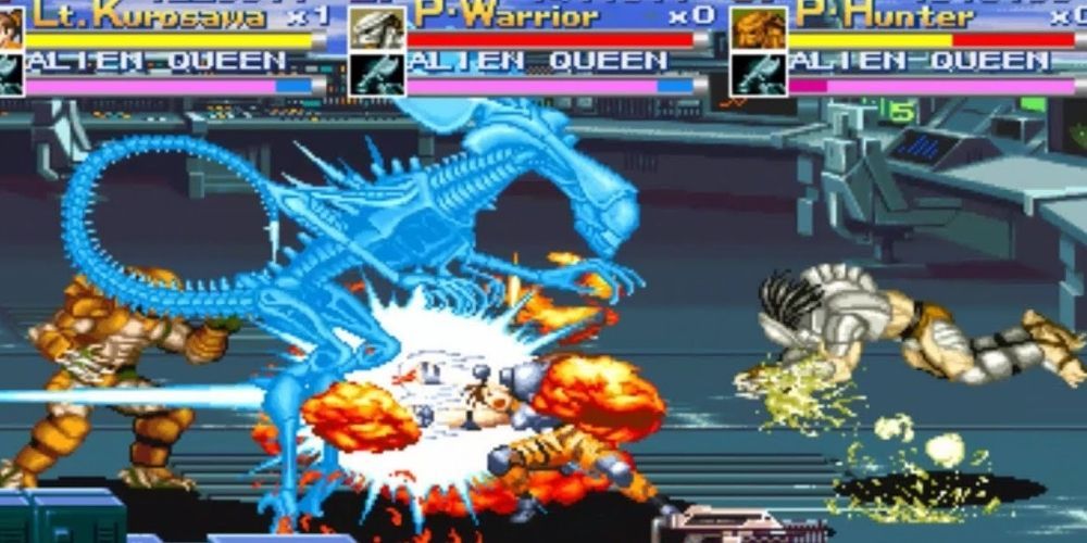 In Alien vs Predator arcade three predators beat up an alien queen. 