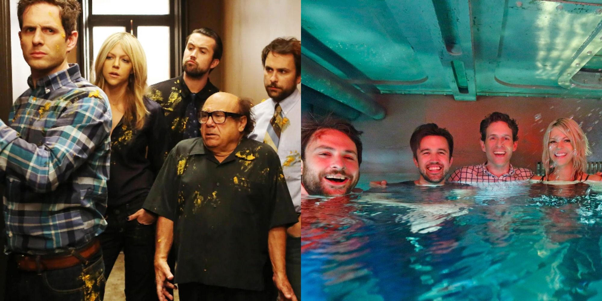 Split image of the Its Always Sunny gang outside of an apartment and in water