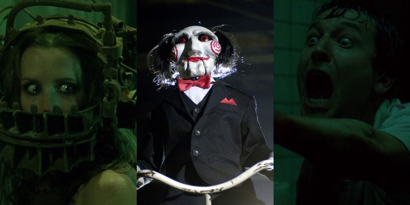 Split image of Amanda Young Billy the puppet and Adam screaming in Saw
