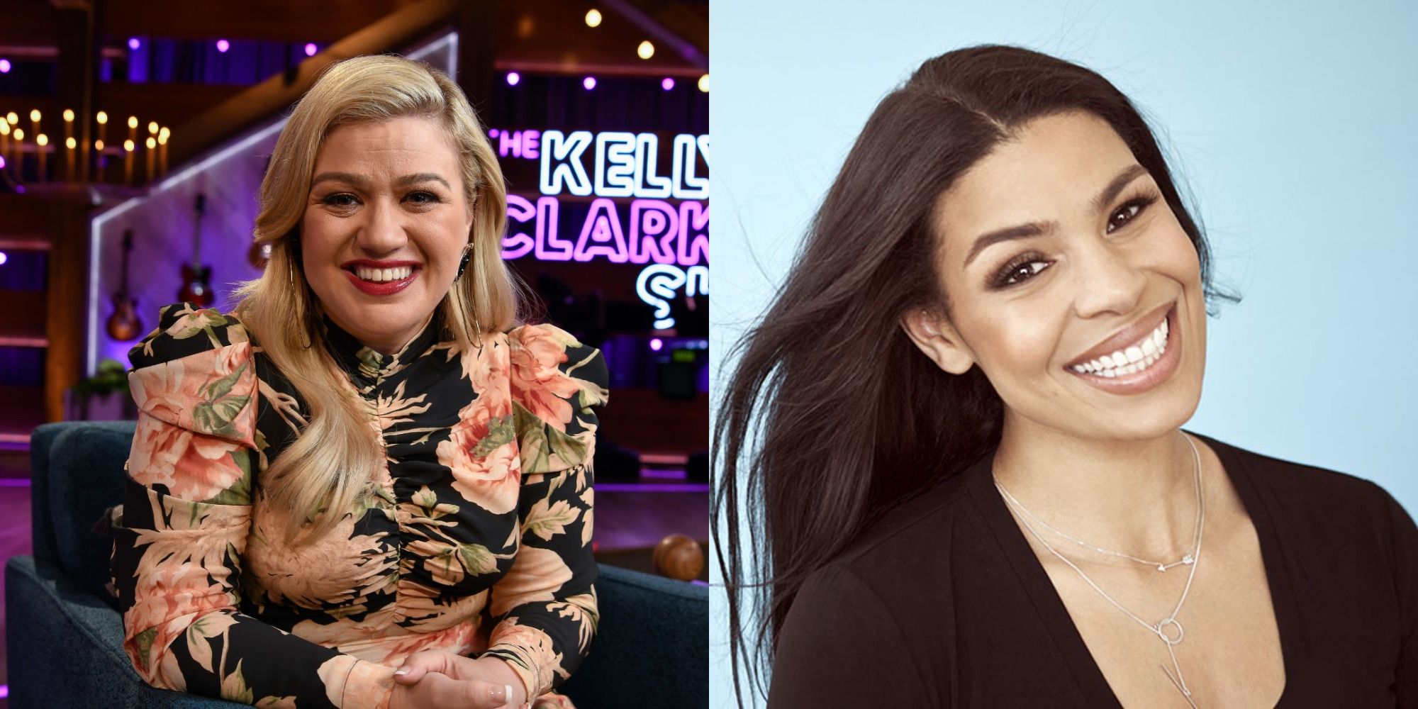 Split image of Kelly Clarkson in her talk show, and Jordin Sparks smiling during a photoshoot