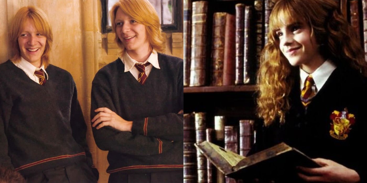 An image of Fred and George Weasley next to an image of Hermione Granger holding a book