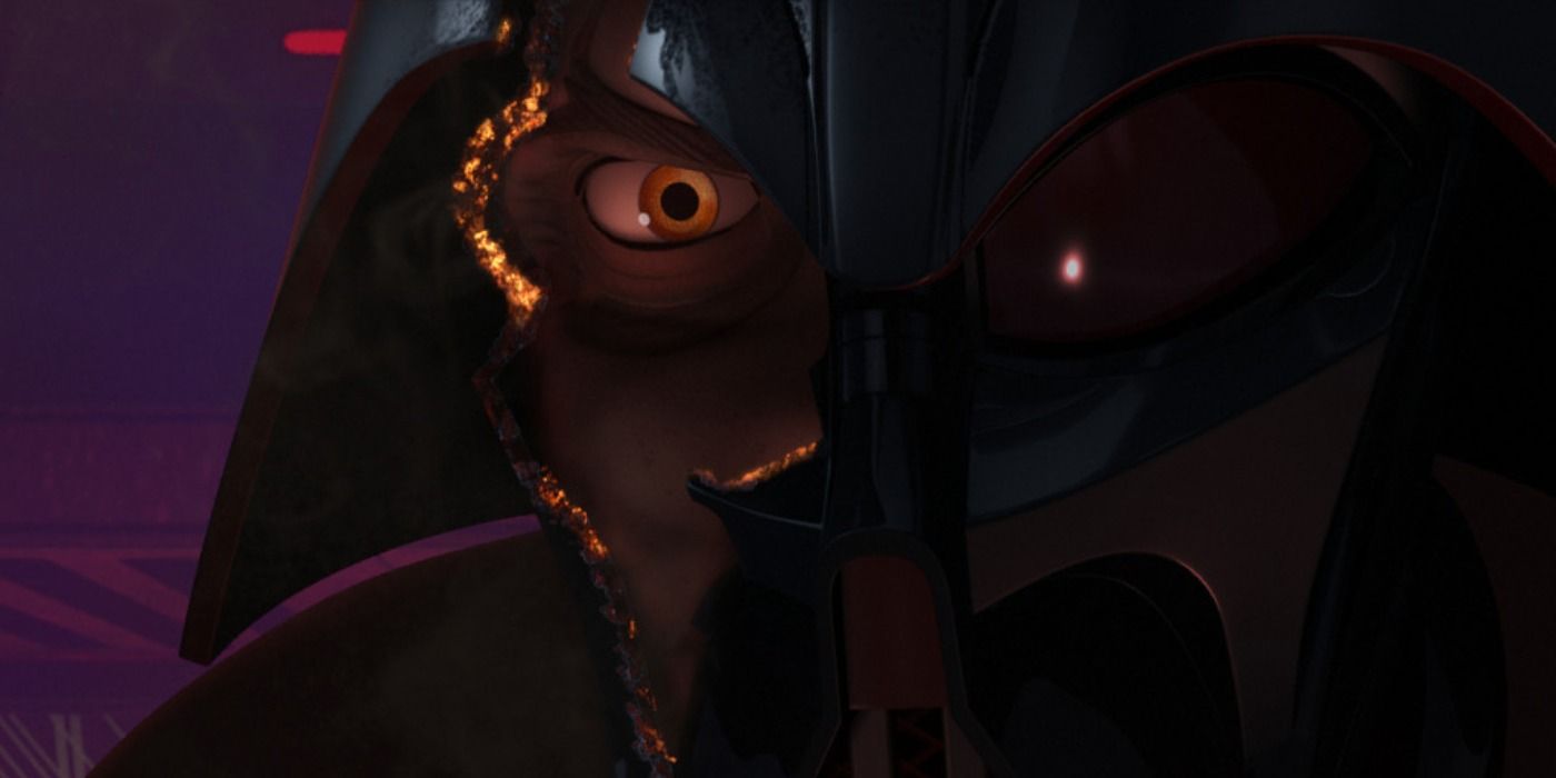 Anakin Skywalker's Eye appears in Darth Vaders helmet after Ahsoka damages it in their duel in Star Wars Rebels