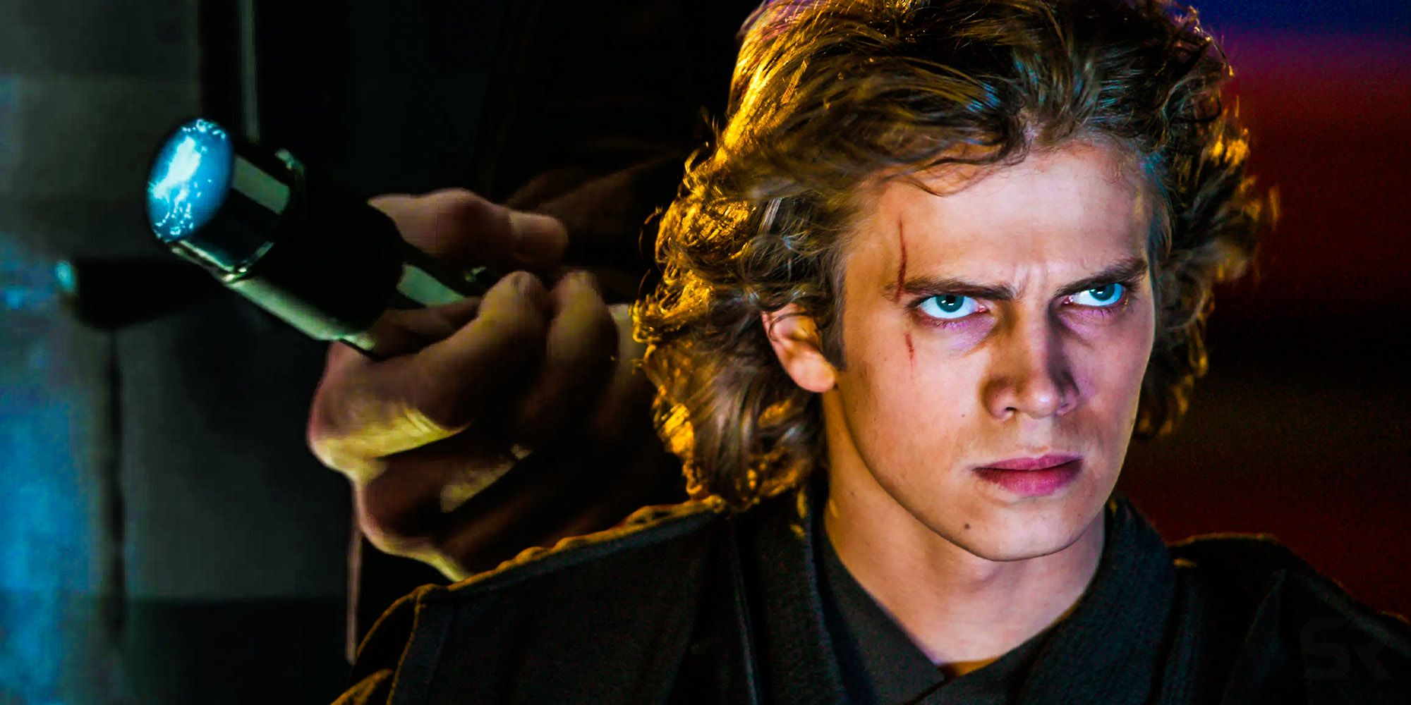 Anakin skywalker glowers on Mustafar while juxtaposed with a lightsaber.
