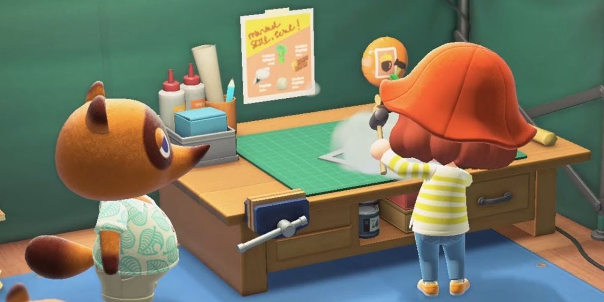 A player crafts something at Tom Nook's workbench.