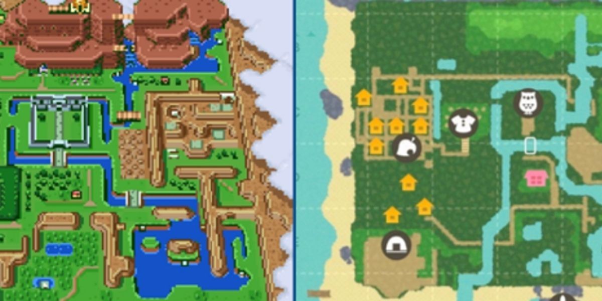 Split image depicting Hyrule in A Link to the Past, and a copy in Animal Crossing.