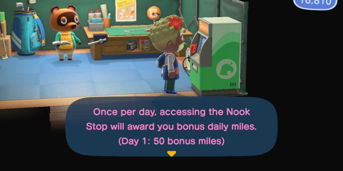 A player interacts with the Nook Miles Terminal in Animal Crossing New Horizons.