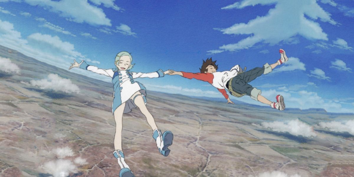 One of the many scenes that feature characters falling in Eureka Seven.