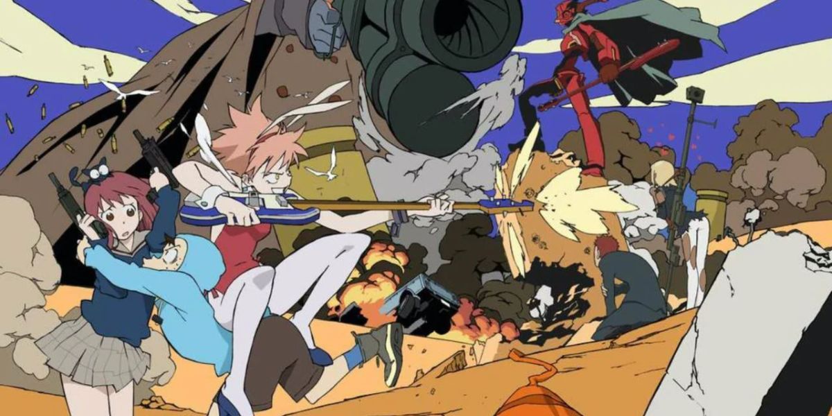Chaotic artwork with the cast of FLCL and a handful of robots.