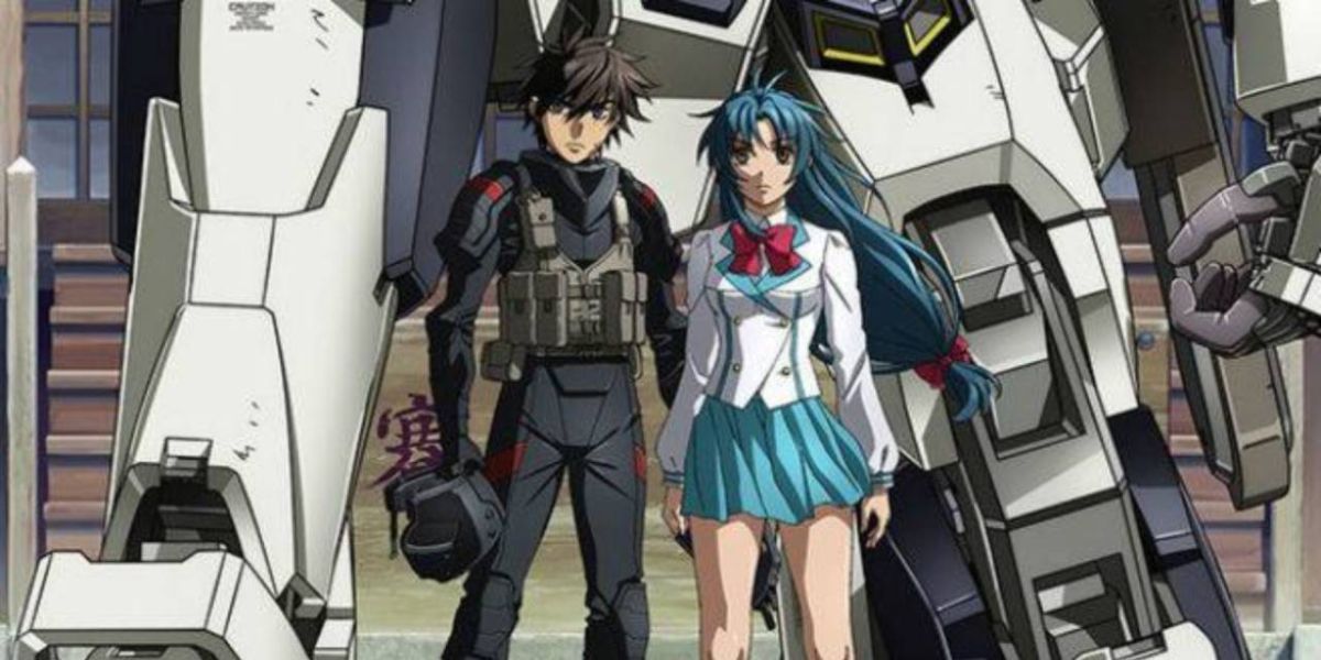 The main protagonists of Full Metal Panic, pictured in front of an Arm Slave robot.