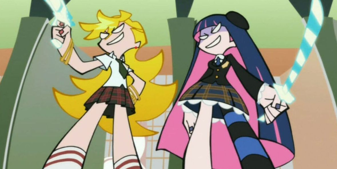 Panty and Stocking looking fierce with weapons drawn.
