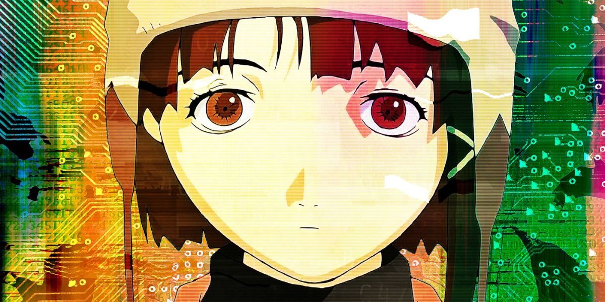 A digitized Lain stares into the camera, and in turn into the viewer in Serial Experiments Lain