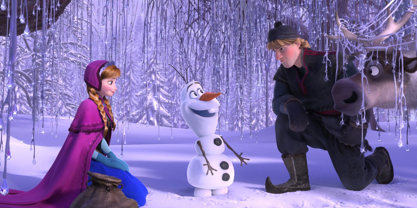 Anna conversando com Olaf e Kristoff em Frozen.