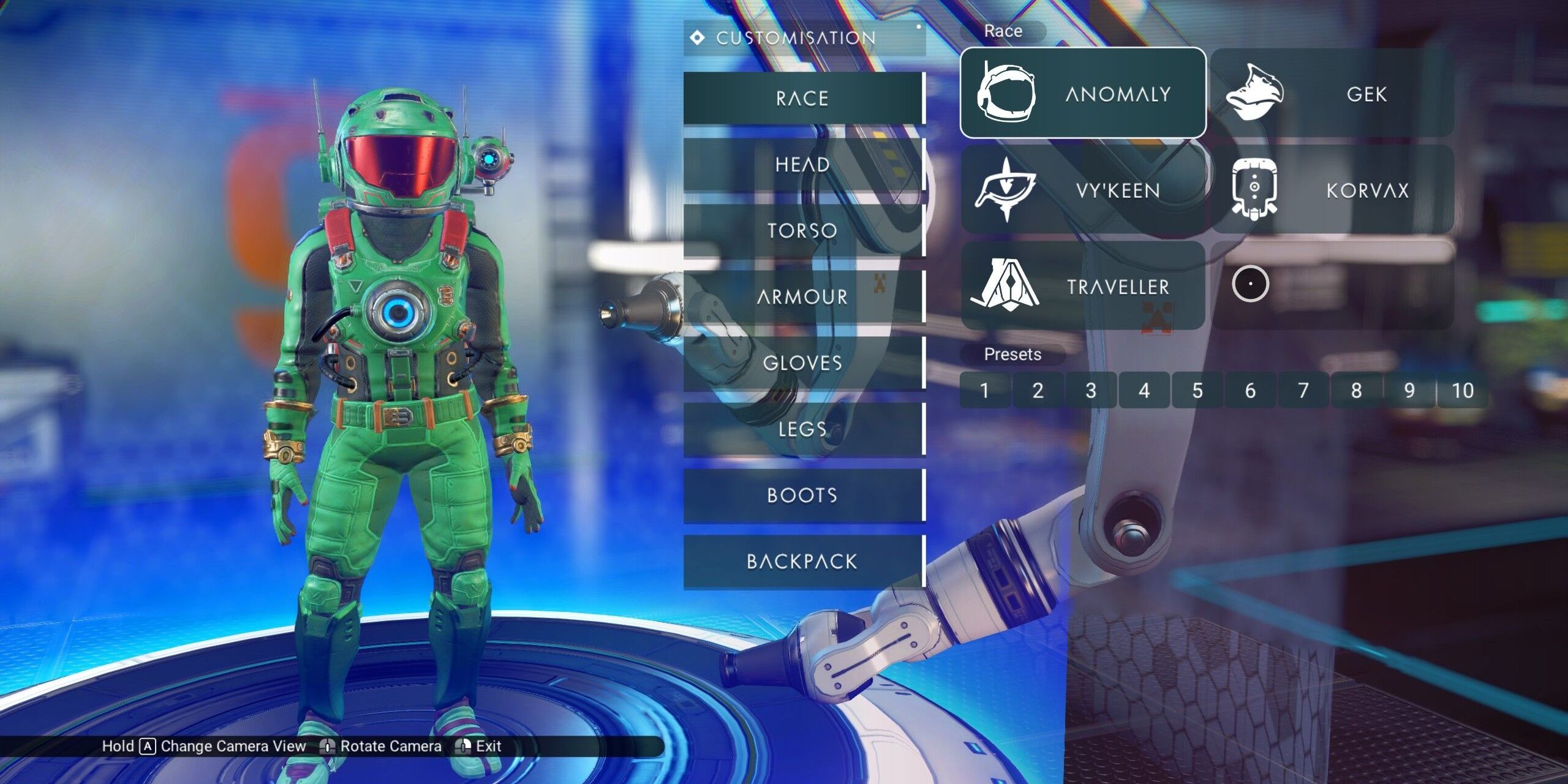 An anomaly player character on the No Man's Sky character creation screen