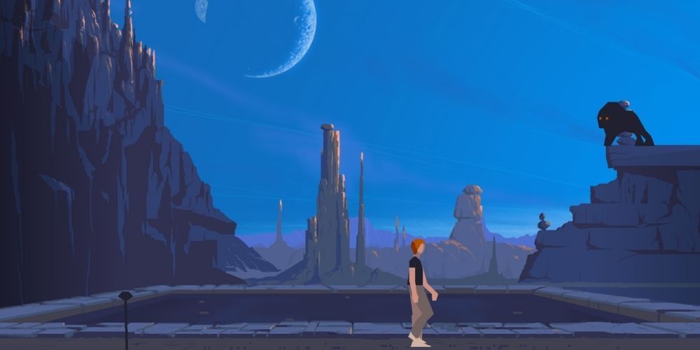 Game play from Another World with character standing in otherworldly landscape.