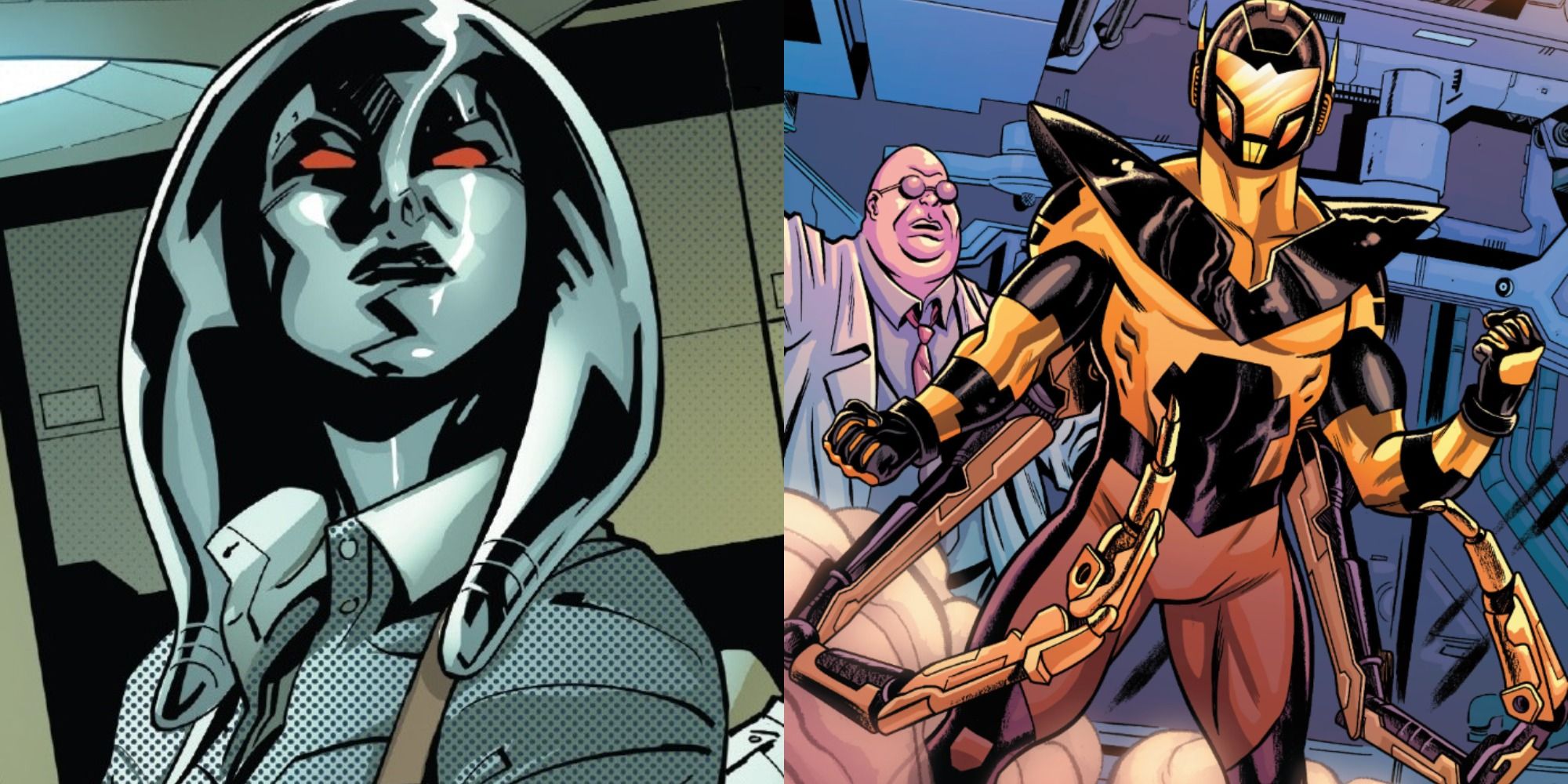 Split image showing Jocasta and Yellowjacket with Eggman behind him
