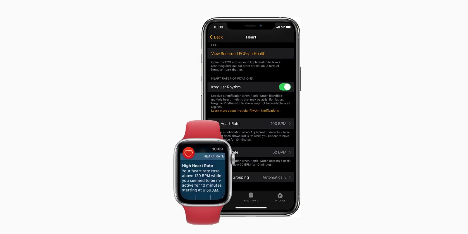 Apple Watch heart notification and setup screen on iPhone