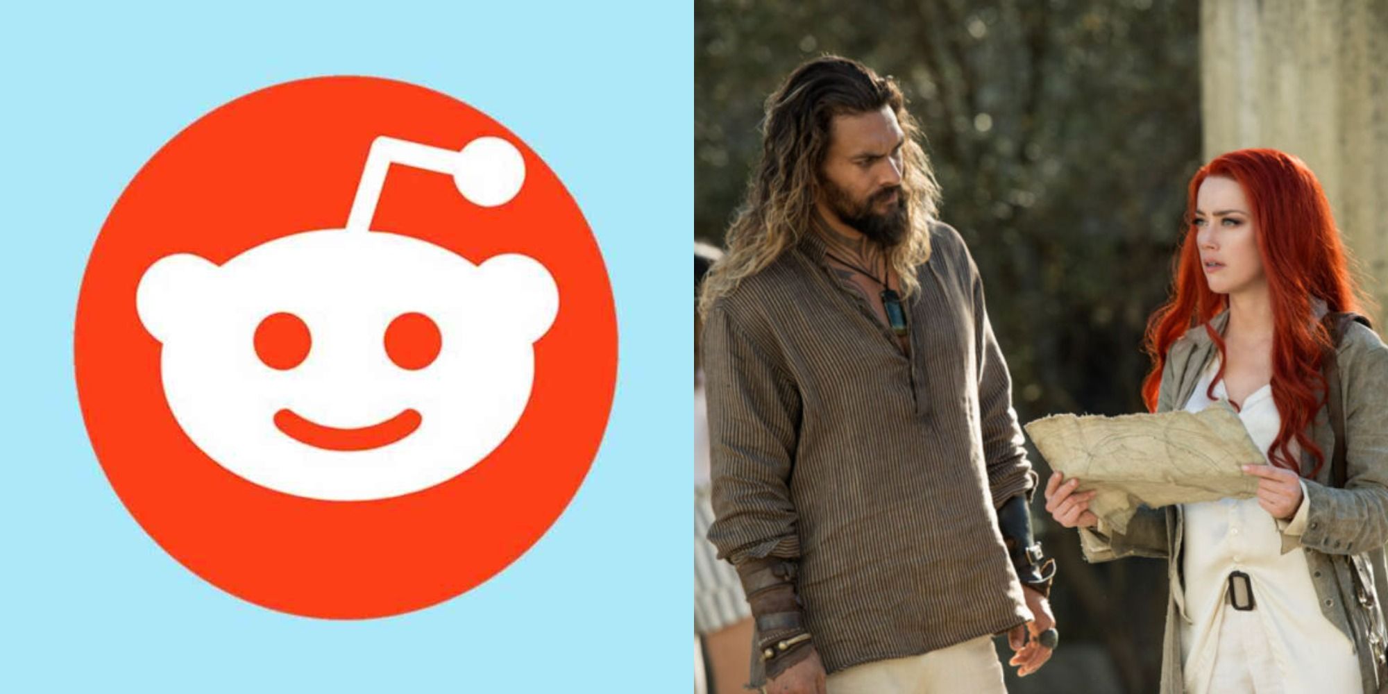 Split image showing the Reddit logo and Aquaman and Meera