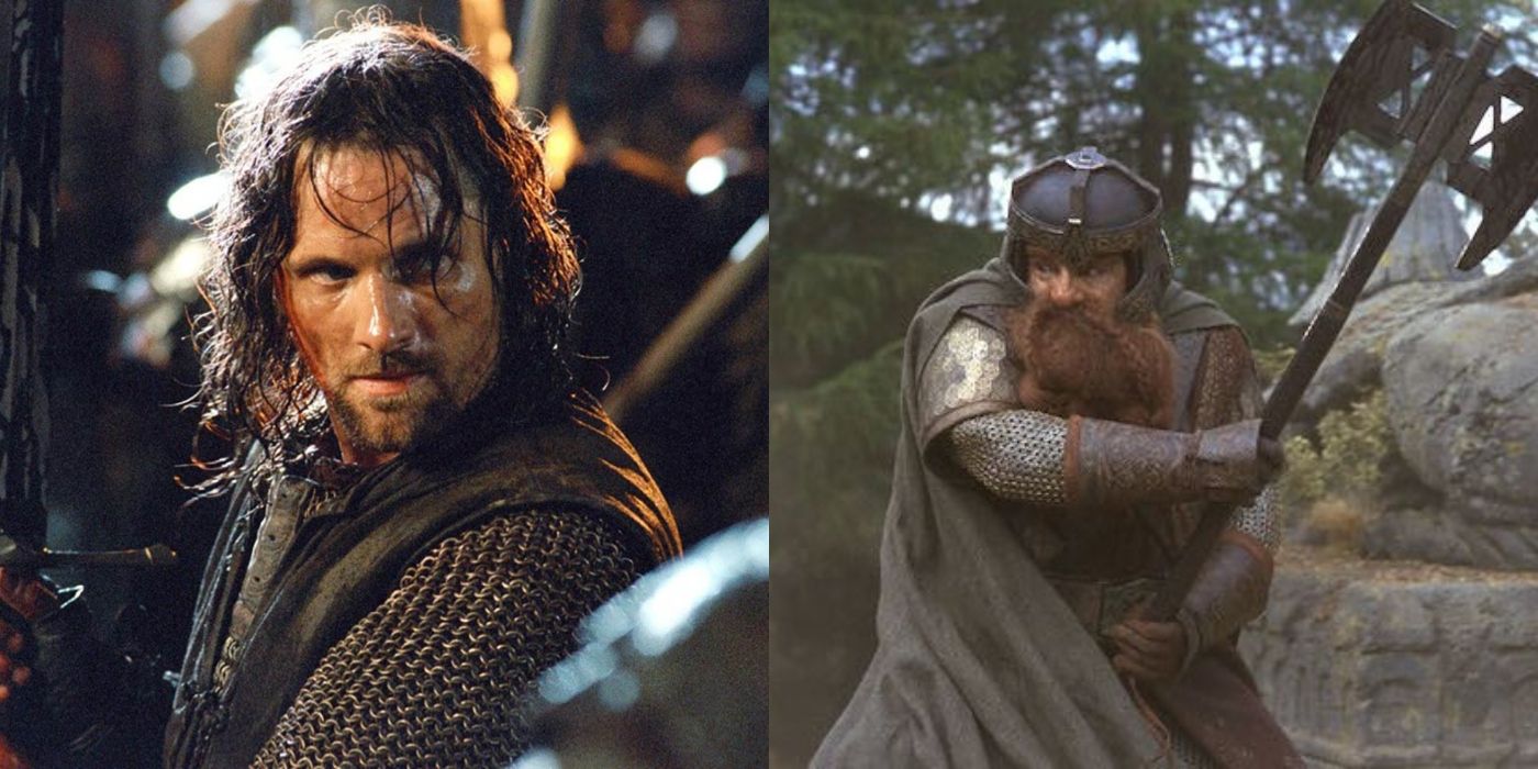 Aragorn and Gimli fighting with their weapons in side by side images from The Lord of the Rings