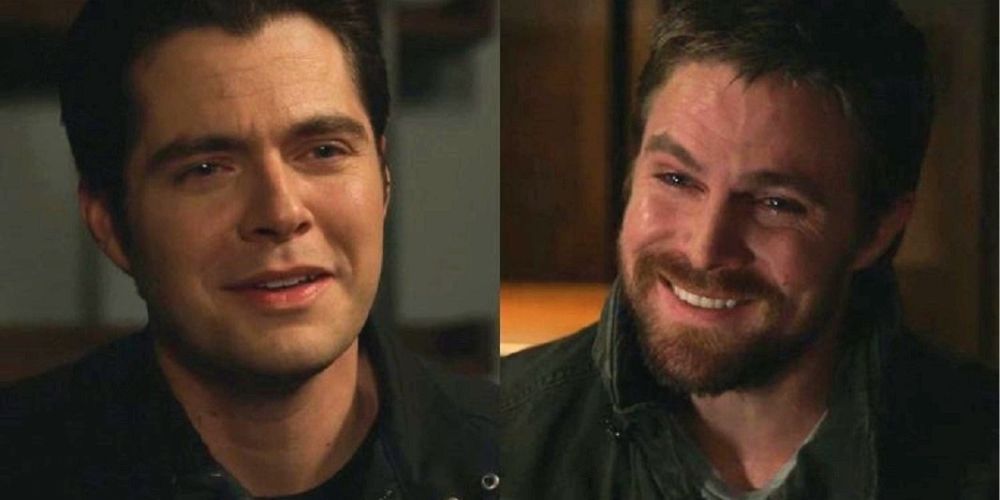A split image of an adult William and Oliver in Arrow