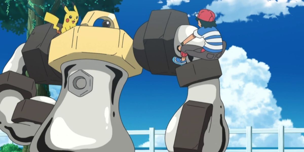 Ash and Pikachu climbing on Melmetal's body in Pokémon