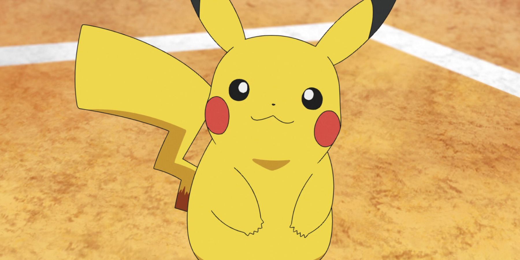 Pokémon Ash's Pikachu looking up and smiling