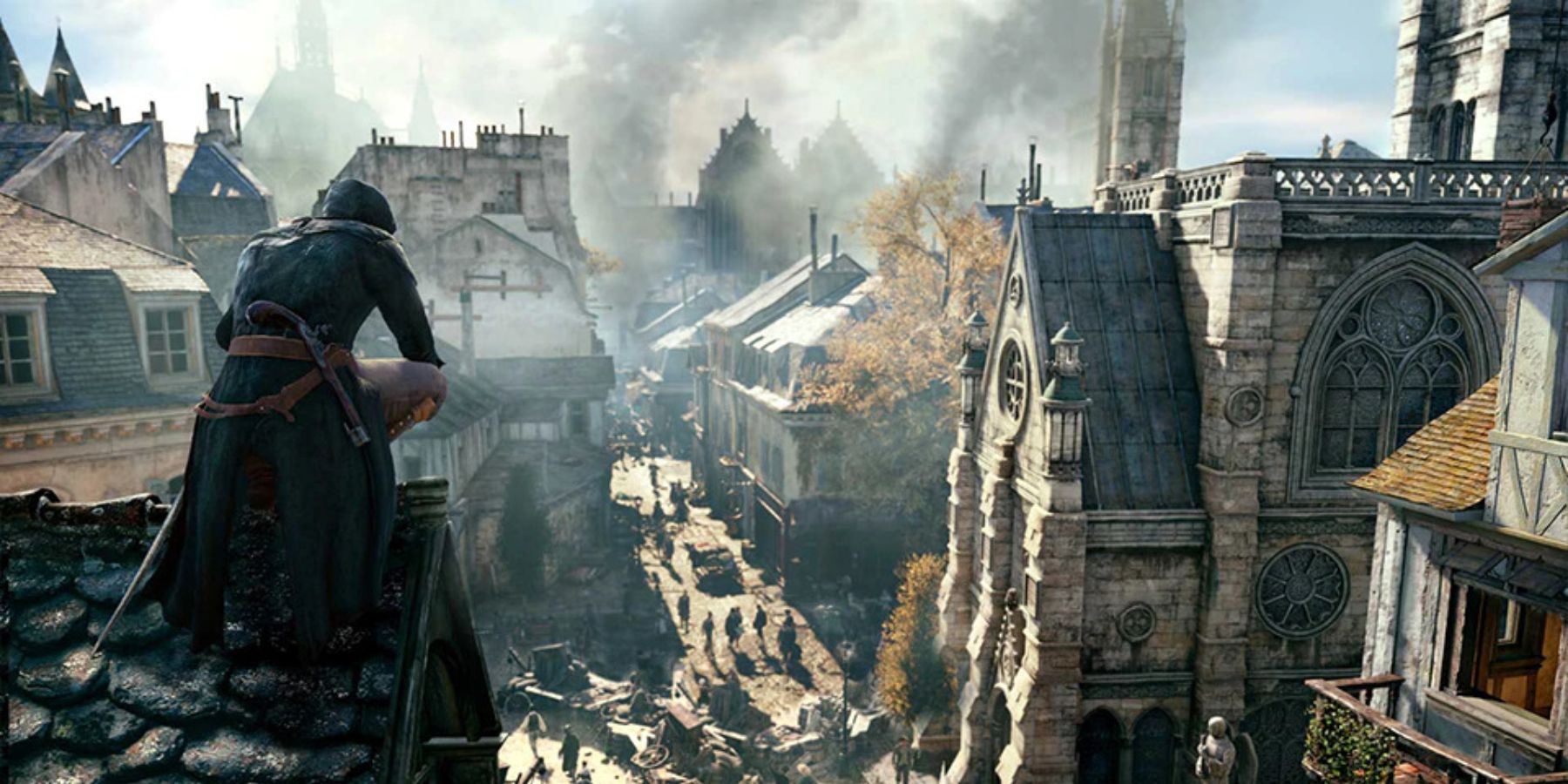 Arno on a rooftop overlooking Paris in Assassin's Creed Unity.