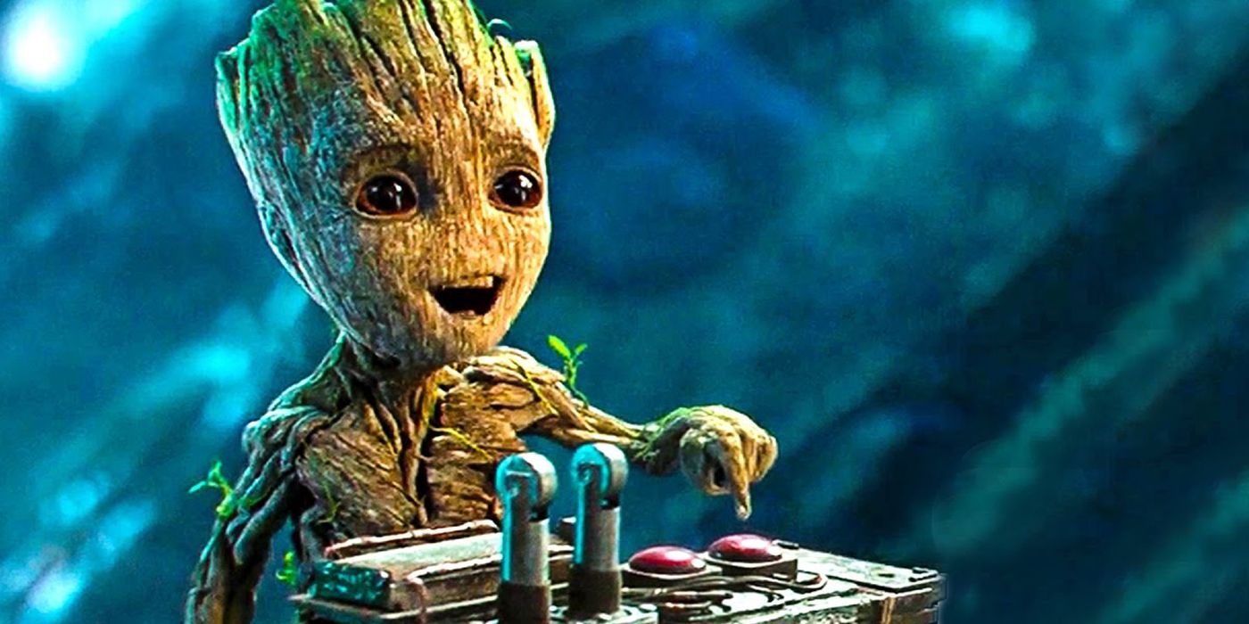 Baby Groot ready to push the destruct button.