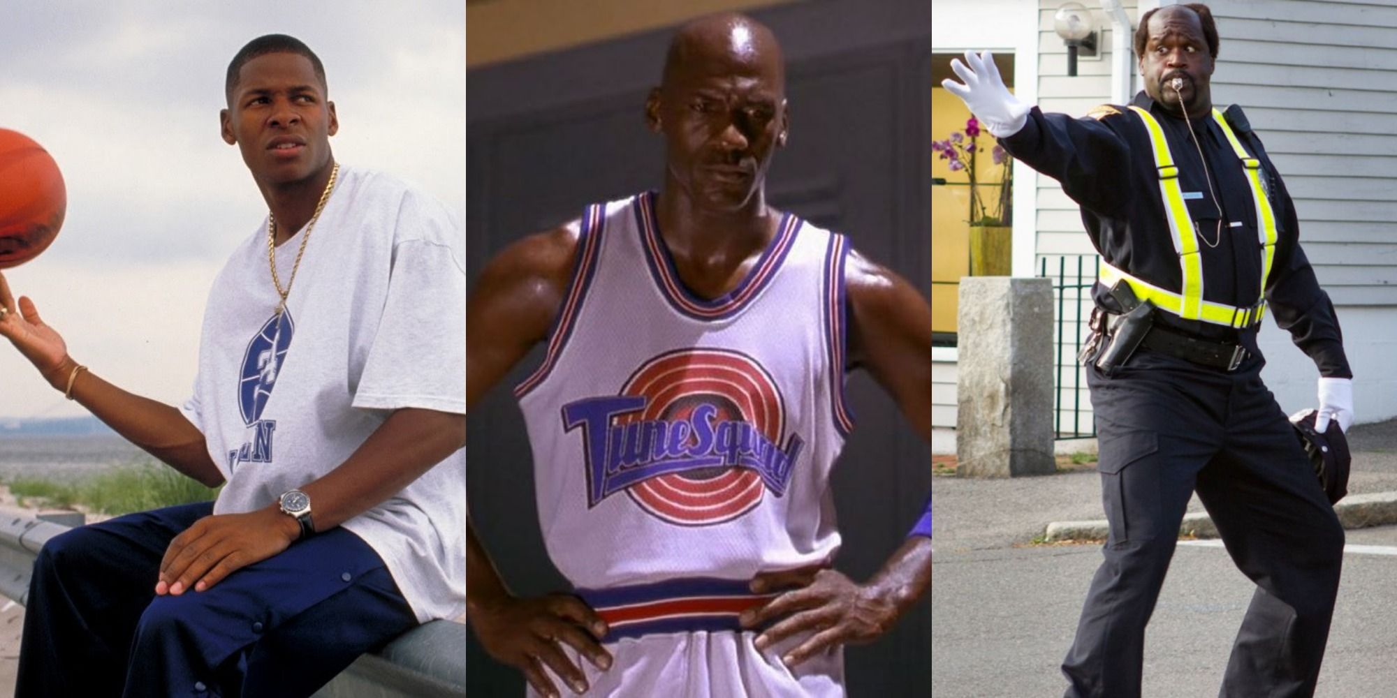 Split image of Ray Allen spinning a ball in He Got Game, Michael Jordan in Space Jam, and Shaq directing traffic in Grown Ups 2