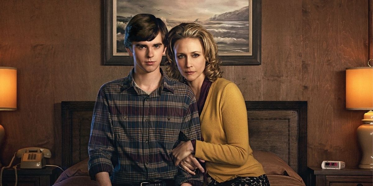 Bates Motel promo poster showing Norma embracing Norman