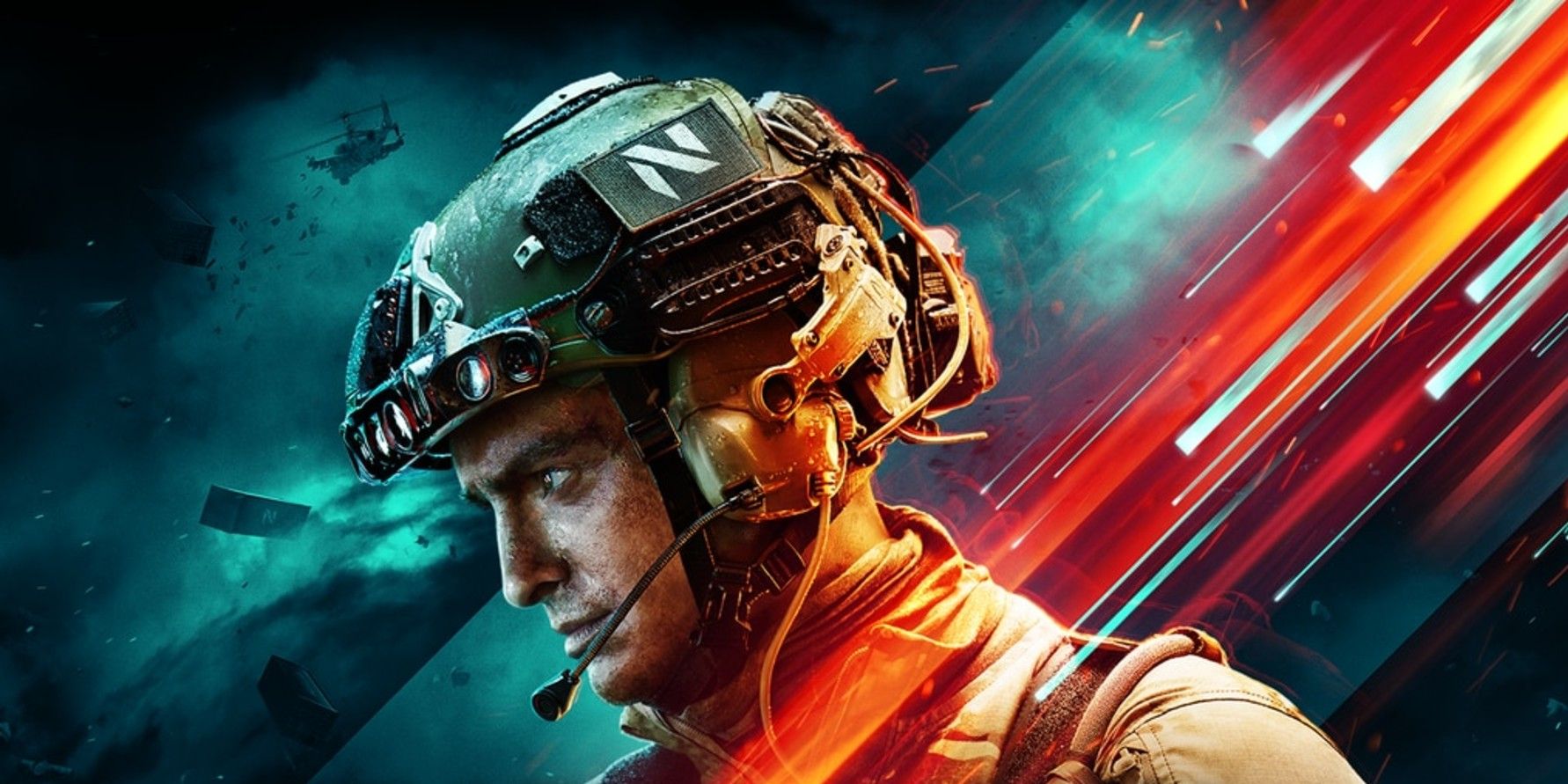A close-up of a male character in the Battlefield 2042 poster.