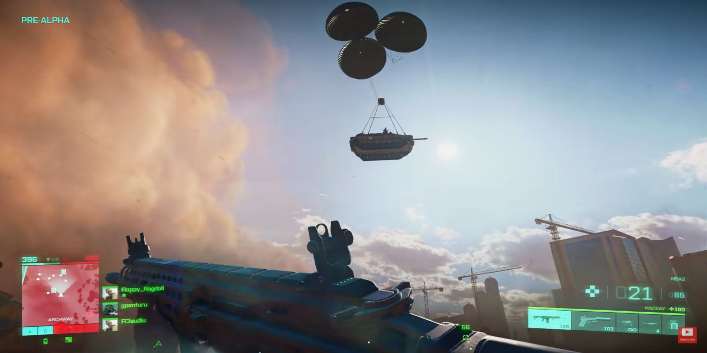 A vehicle drops from the sky with parachutes in the Battlefield 2042 trailer.