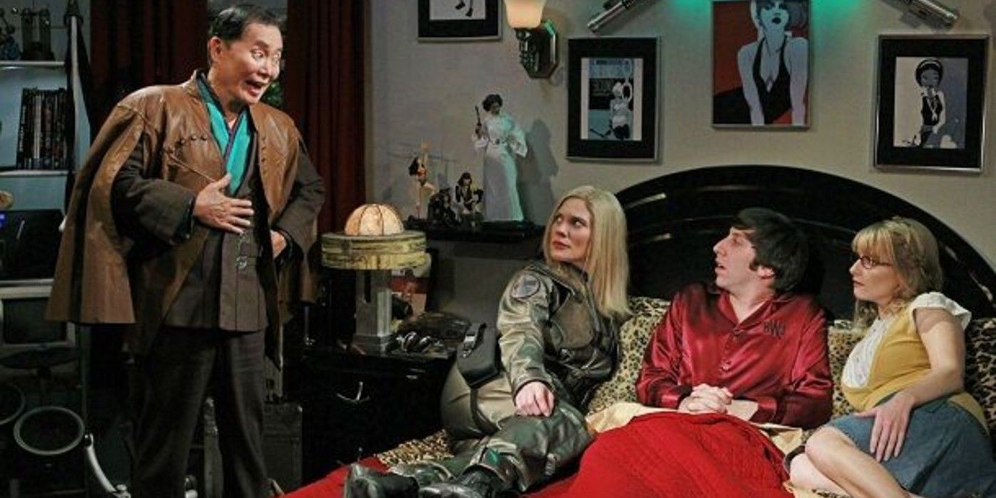 Howard with characters from his sci-fi shows and Bernadette in Big Bang Theory
