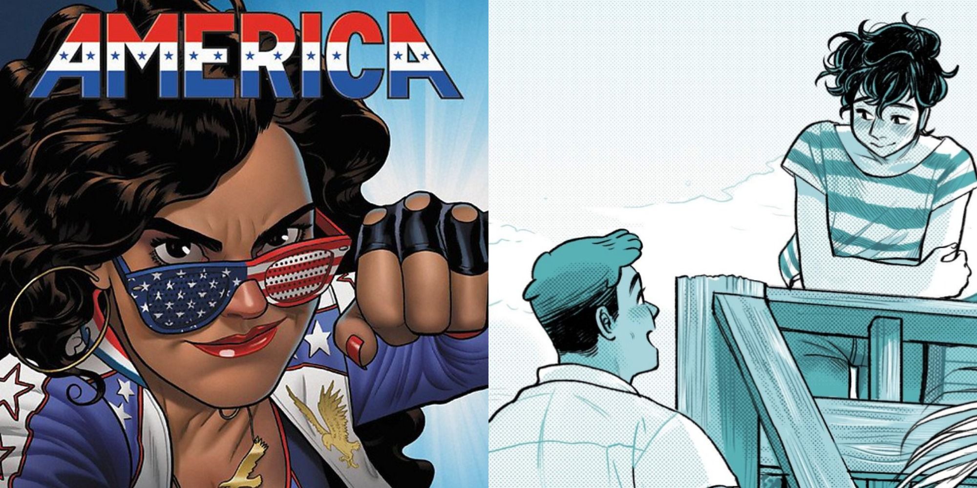 Split image depicting the covers of America #1 and Bloom