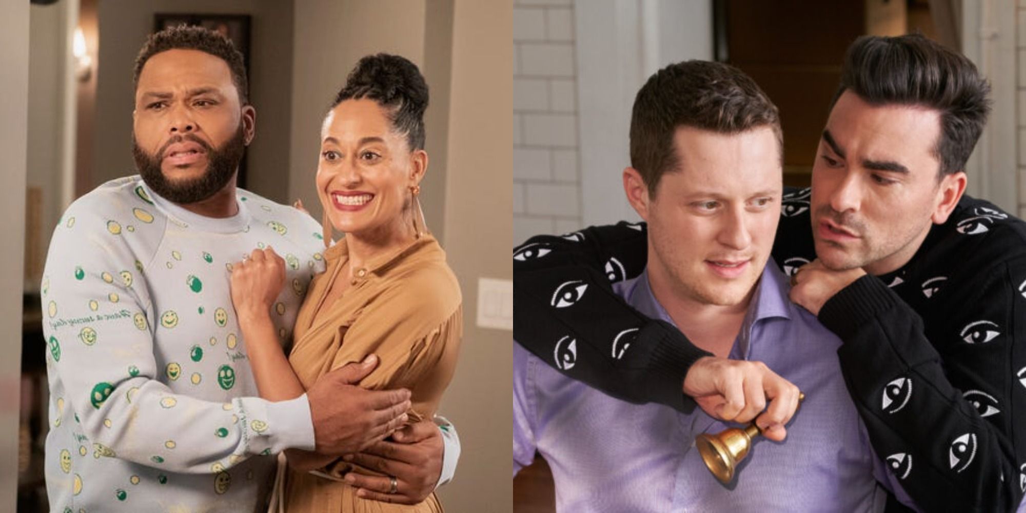 Split image depicting Dre and Rainbow from Black-ish, and David and Patrick from Schitt's Creek