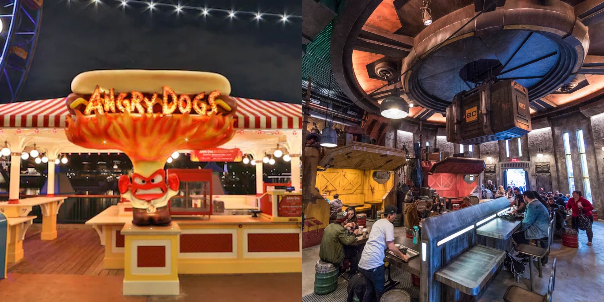 Split image of the Angry Dogs and Docking Bay 7 Food & Cargo restaurants at Disneyland