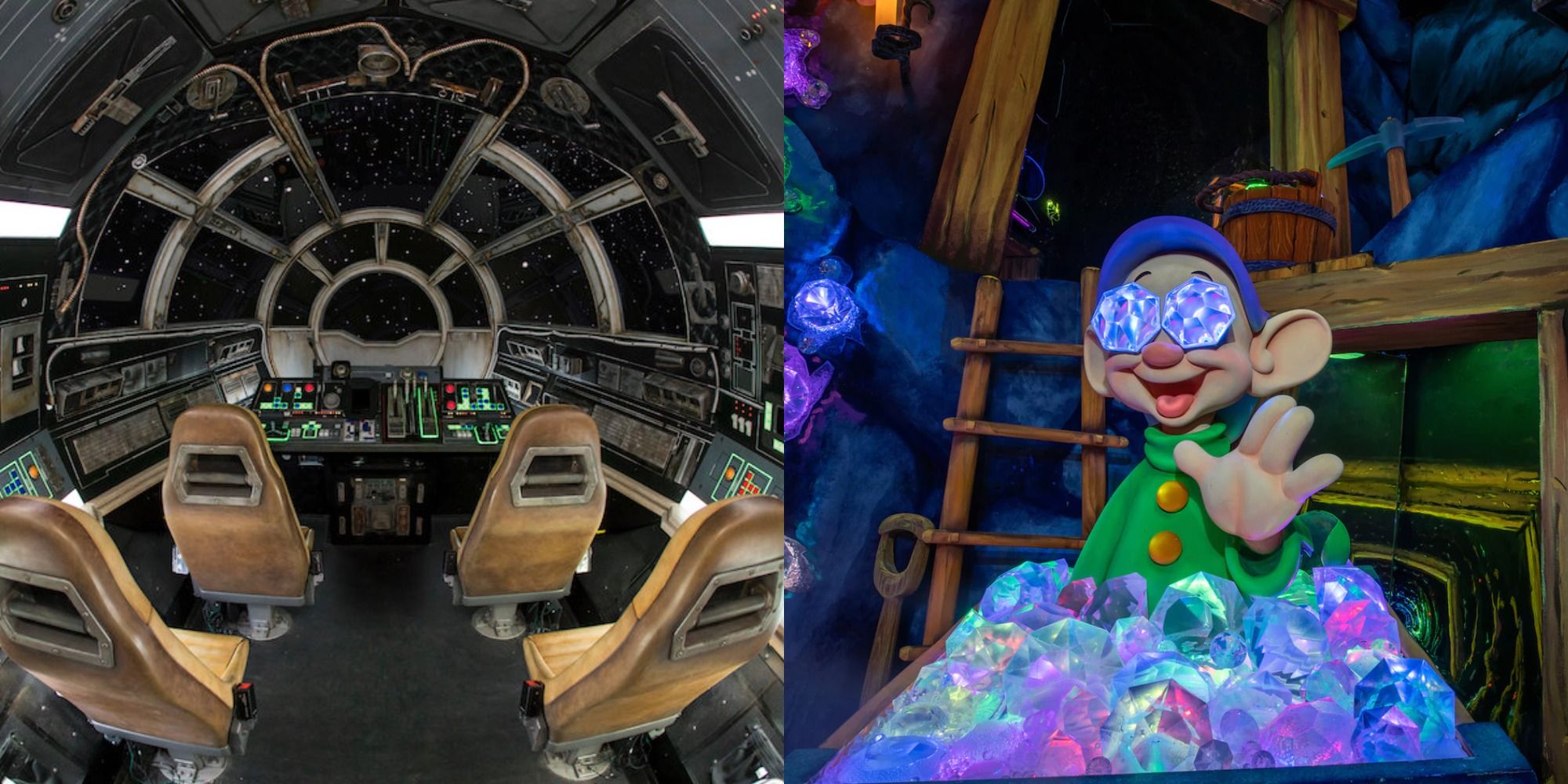 Split image showing the Millennium Falcon: Smuggler's Run and Snow White's Enchanted Wish rides