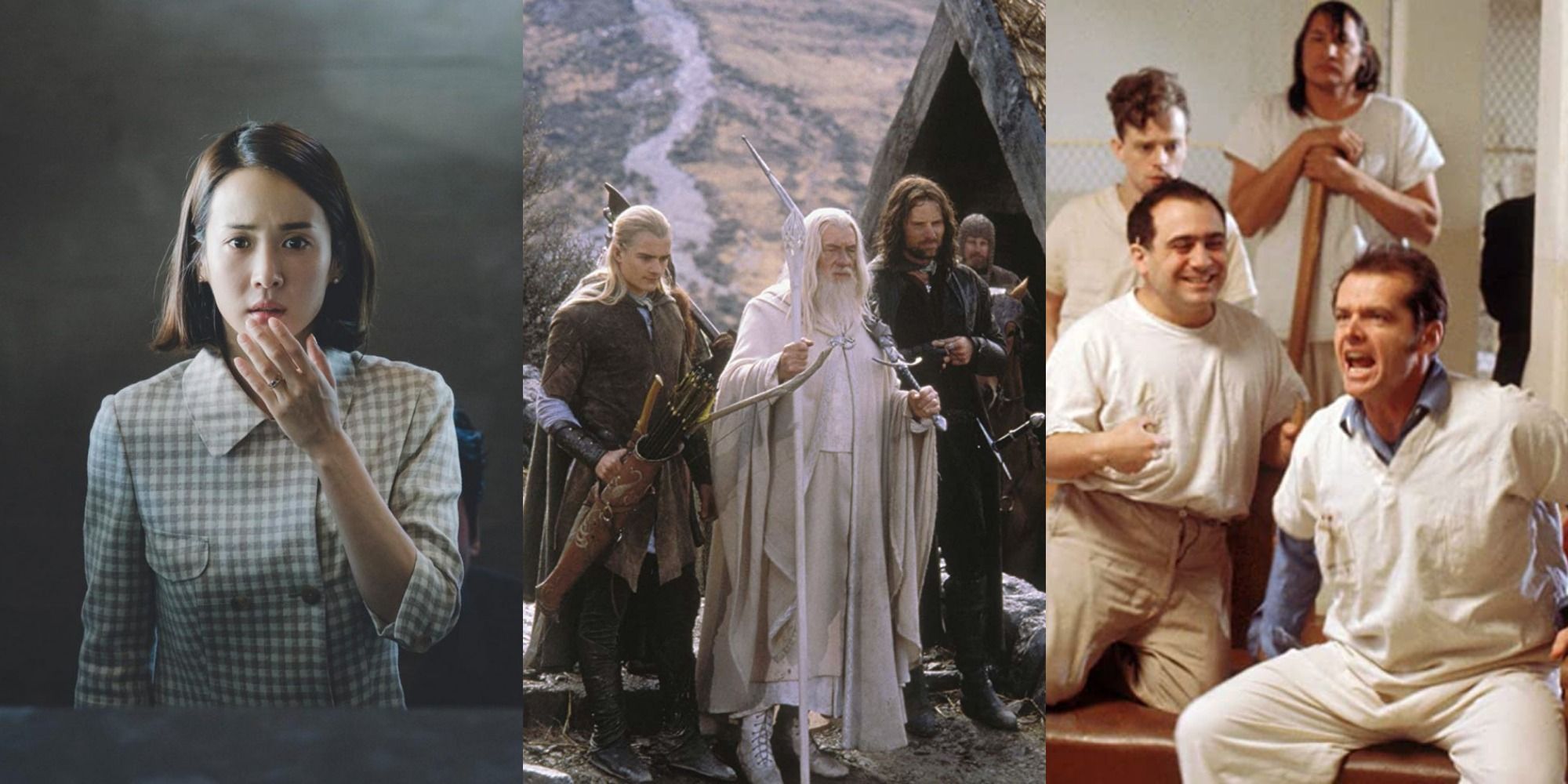 Split image of Choi Yeon-gyo in Parasite, Gandalf walking with Legolas and Aragorn in Return of the King, and Randal Patrick yelling with Martini in One Flew Over the Cuckoos Nest