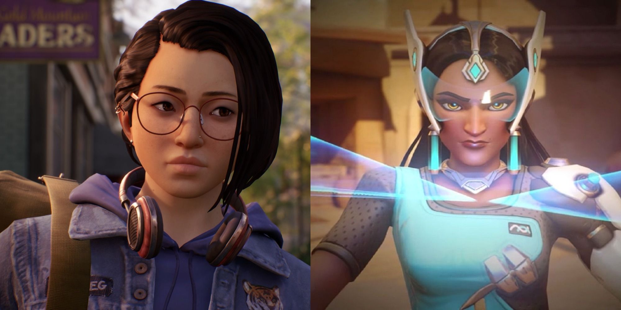 Split image showing Alex in Life is Strange: True Colors, and Symmetra in Overwatch