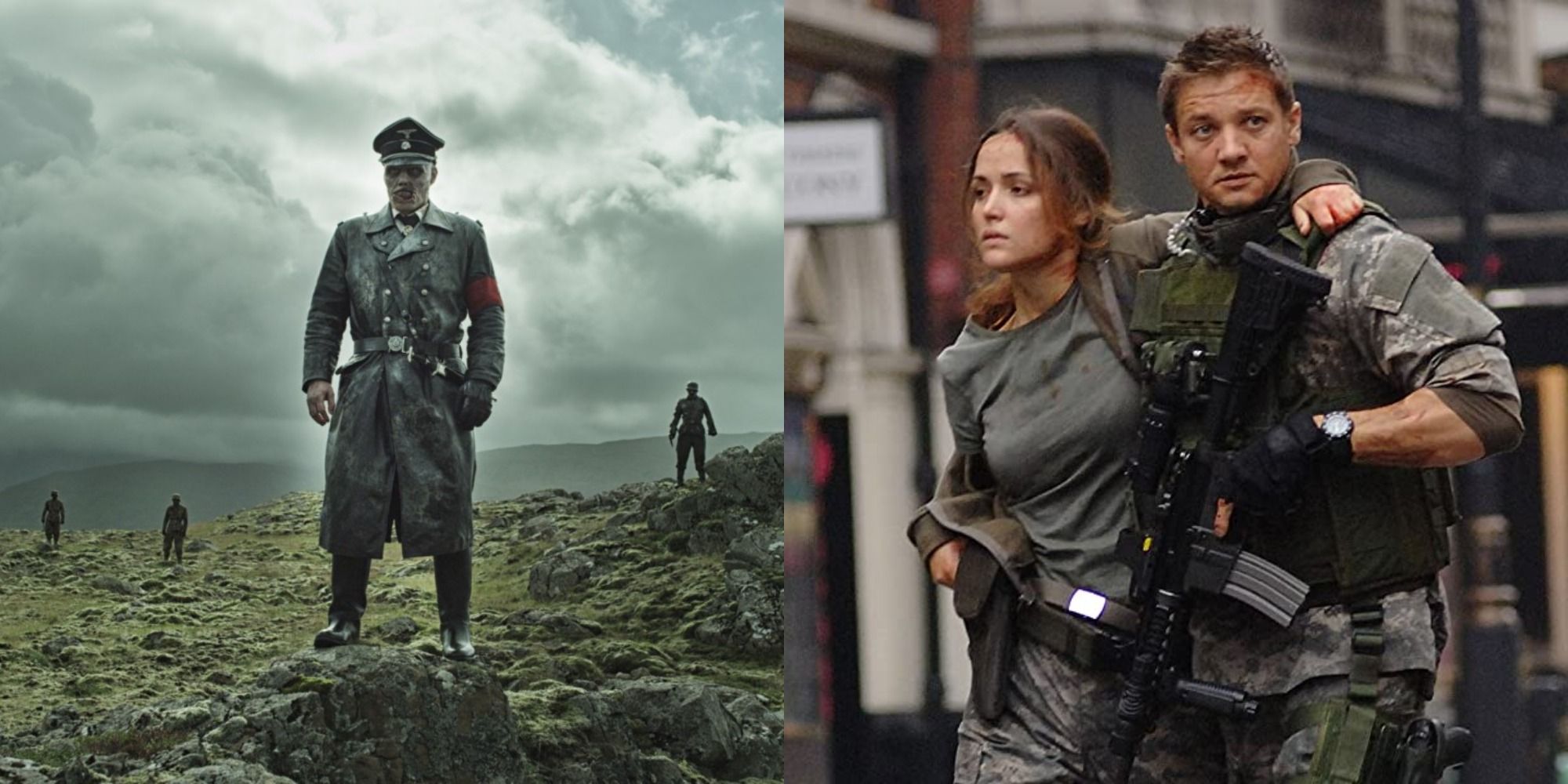 Split image depicting a zombie Nazi general in Dead Snow 2, and Sargeant Doyle helping Scarlet in 28 Weeks Later